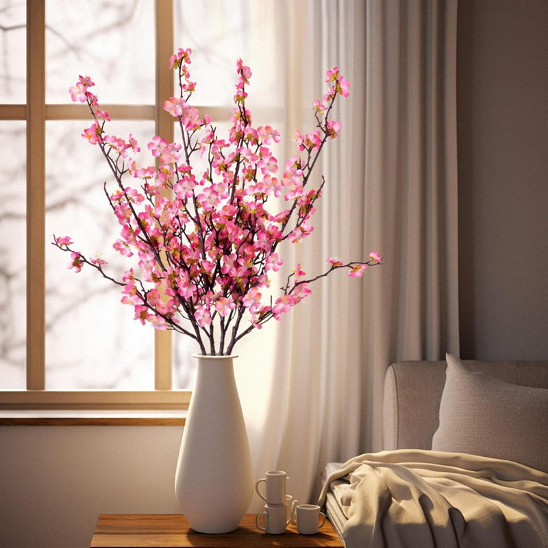 Primrue 7 Pcs Faux Cherry Blossom Decor, Long Stem Artificial